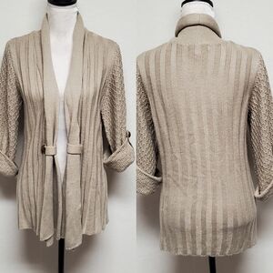 Carolyn Taylor Beige Corded Knit Fitted Waist Cuff Sleeve Open Front Cardigan L